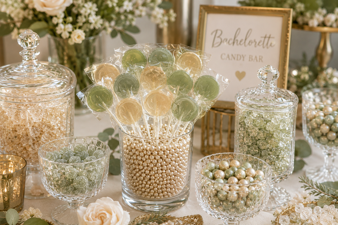 A styled sage and champagne bachelorette party candy bar with crystal candy and cocktail lollipops in apothecary jars
