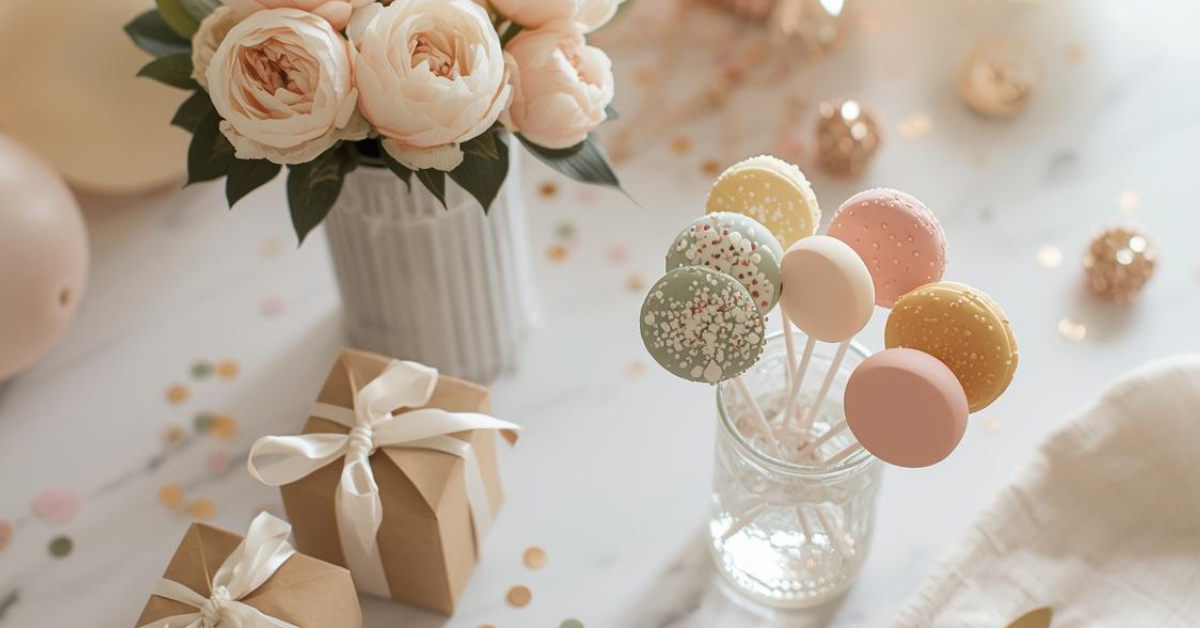 Pastel lollipops in clear jar on elegant gift table
