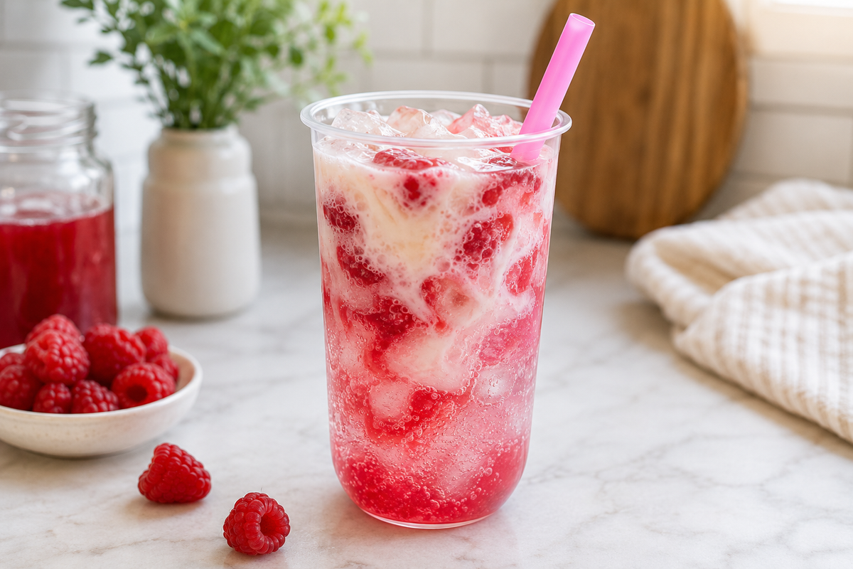 A sparkling dirty soda with red raspberry syrup swirl and soft cream top over nugget ice in a tall clear cup