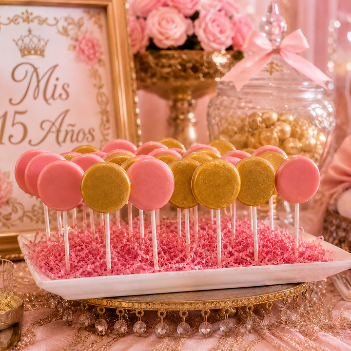 Close-up of pink and gold quinceañera lollipop favor with custom label