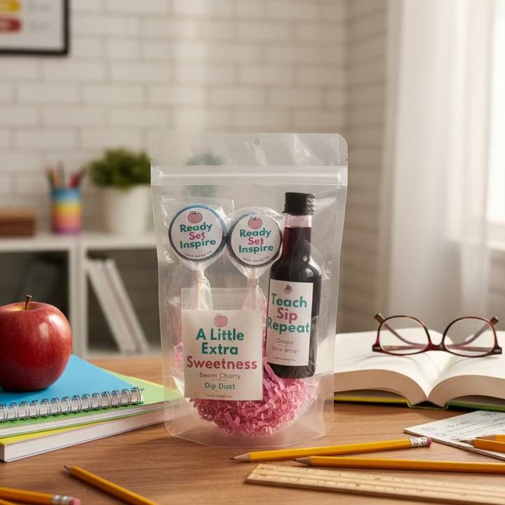 A clear plastic gift bag containing a bottle of grape drink syrup, two lollipops, and a bag of dip dust, all branded &
