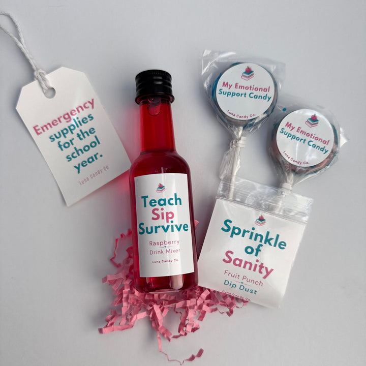 A school emergency supply kit featuring a small bottle of raspberry drink mixer, two lollipops, a bag of fruit punch dip dust, and a hanging tag, all arranged on pink shredded paper against a light gray background.
