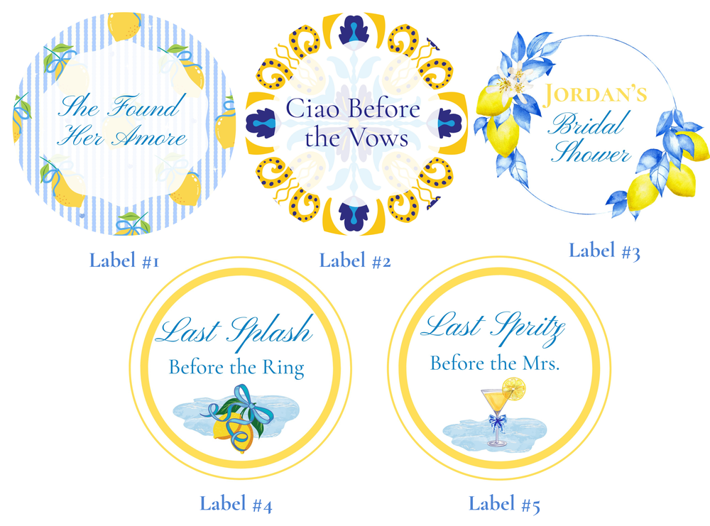 Set of five decorative labels with lemon-themed designs and text on a white background.