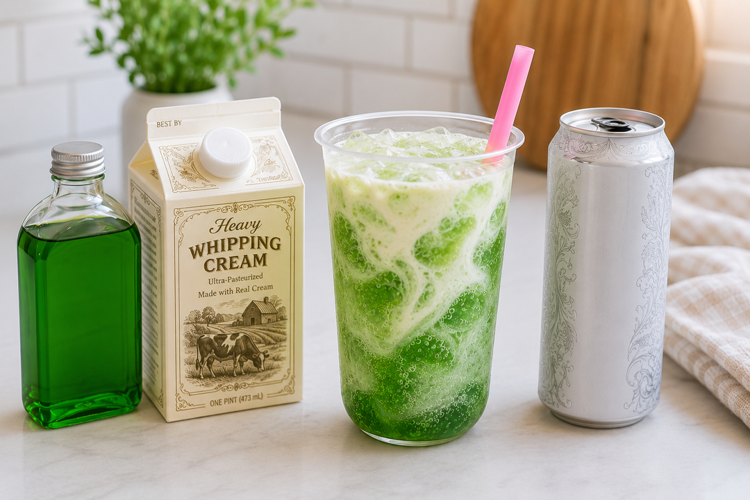 Green and white swirled energy drink in a clear cup with a pink straw, next to a carton of heavy whipping cream and a bottle of Luna Candy green syrup on a marble surface.