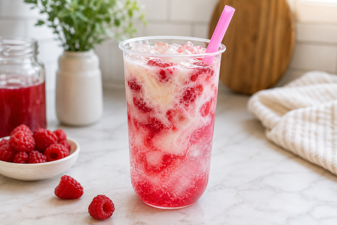 Glass of raspberry dirty soda with ice and a pink straw on a marble surface.